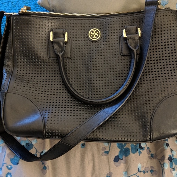 Tory Burch Robinson Double-Zip Saffiano Tote Bag, Black with Gold Hardware